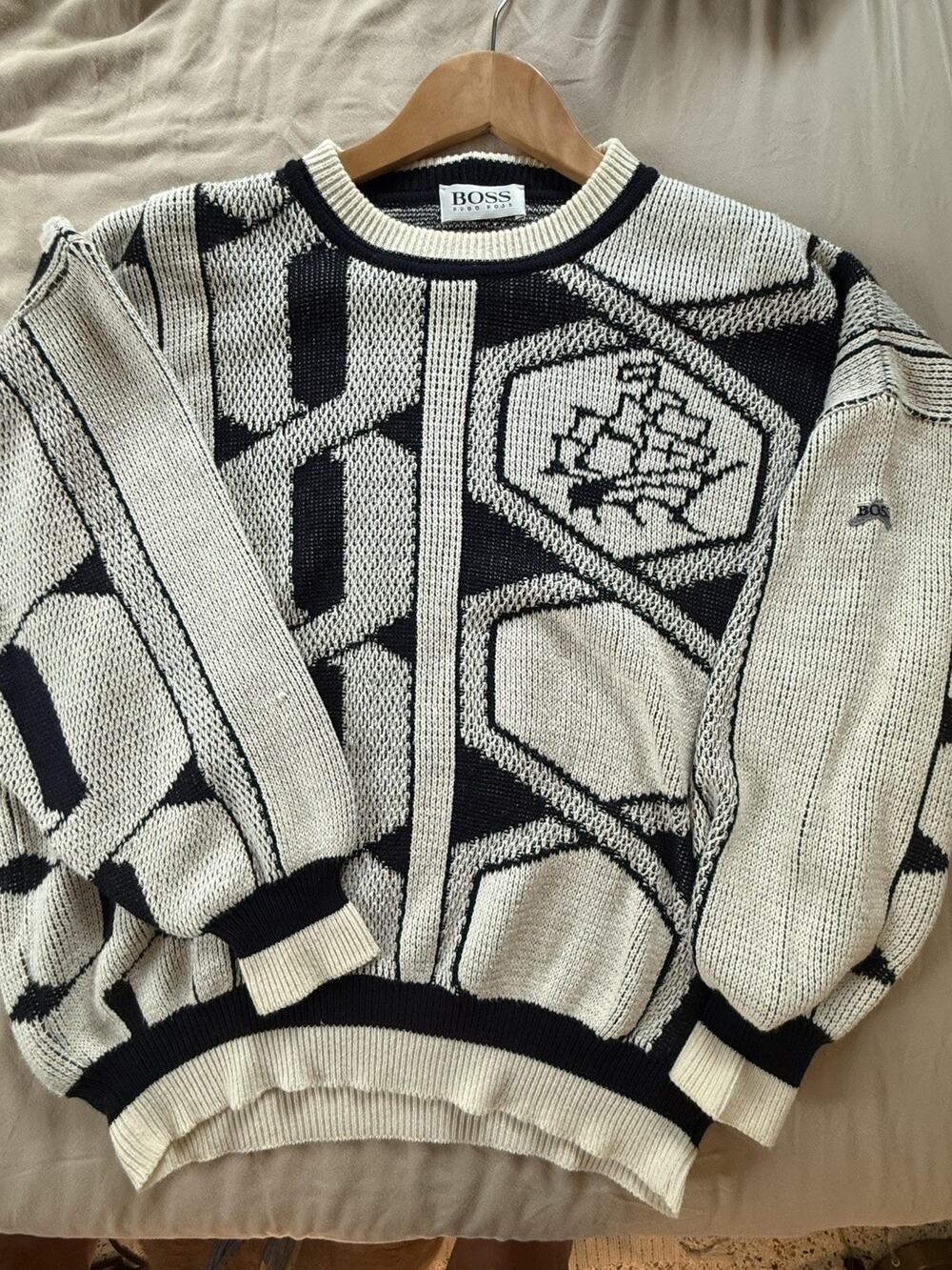 Rare Vintage BOSS Hugo Boss Jumper Sweater 1980s Made In W Germany Cream Black M